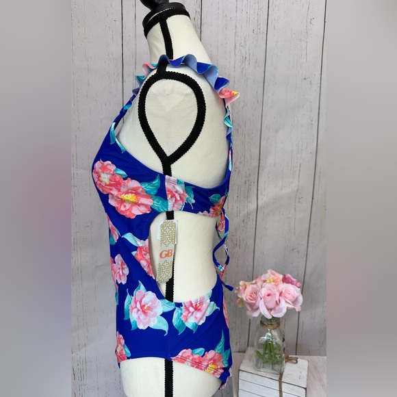 NWT GB Gianni Bini One Piece Swimsuit Blue Floral Ruffled Size L - Picture 4 of 9